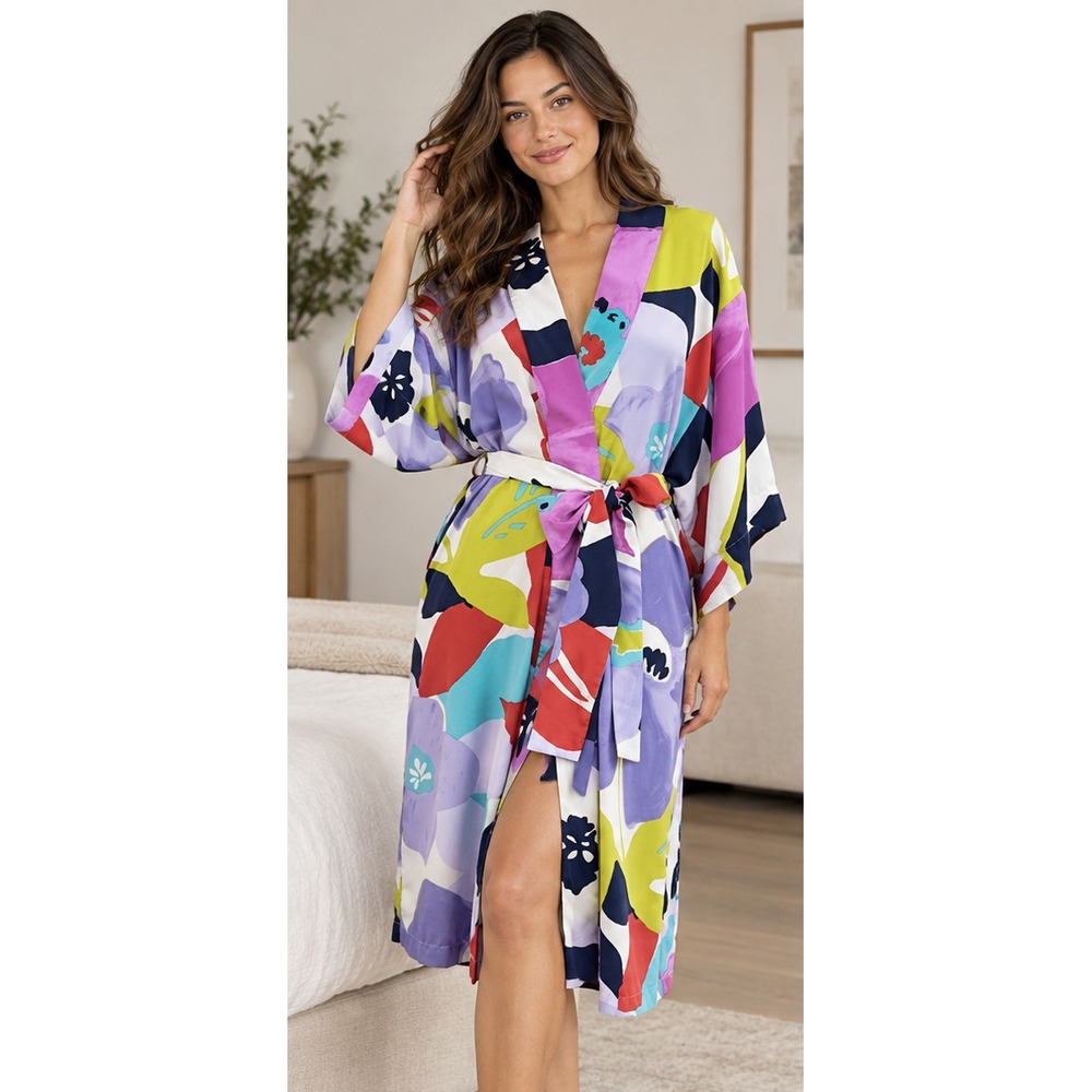 Natori Womens Robe S Kimono Colorful Abstract Floral Print Satin Belted Long